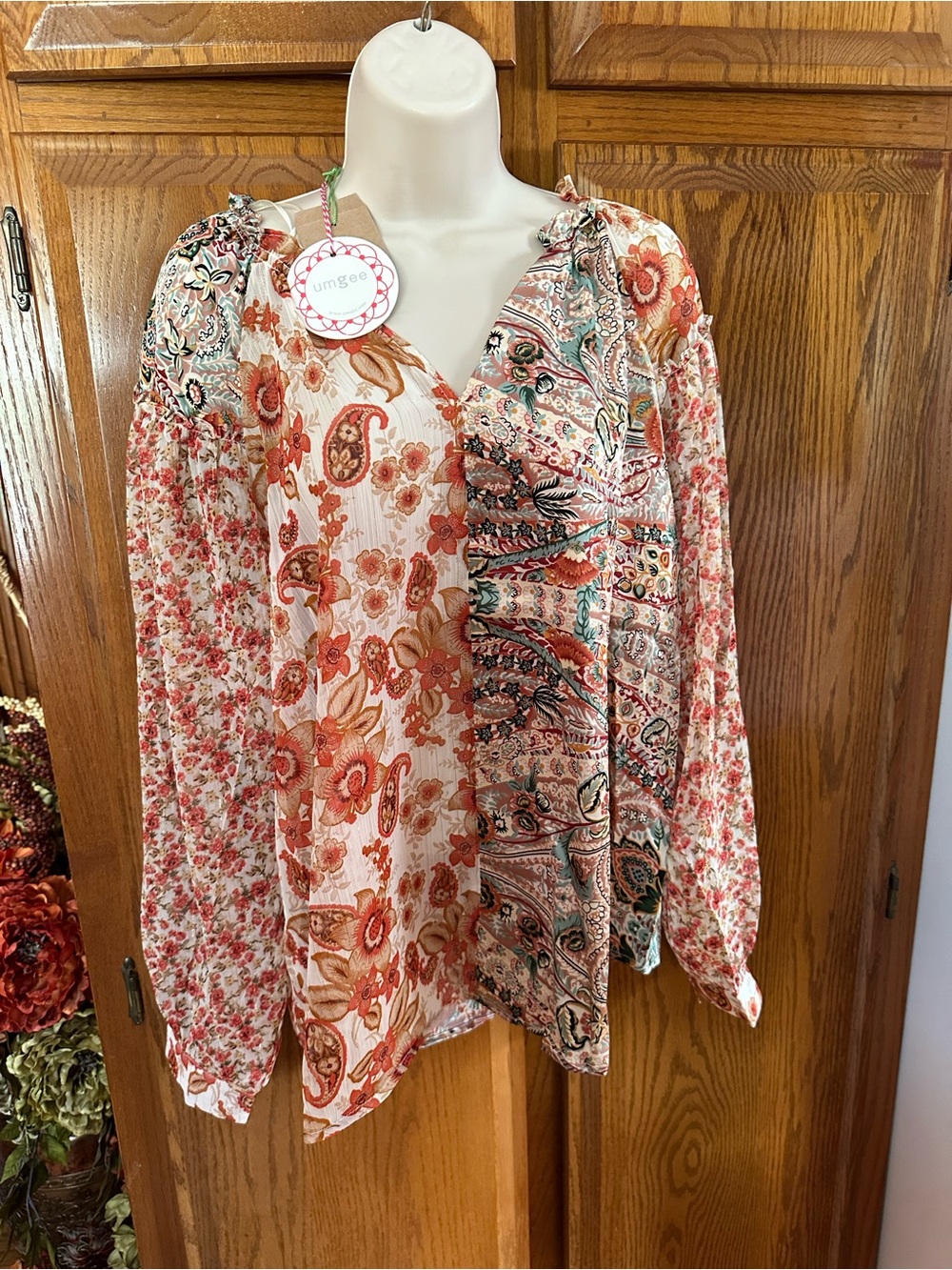 Umgee Multi-Print Coral Paisley Patchwork Blouse
